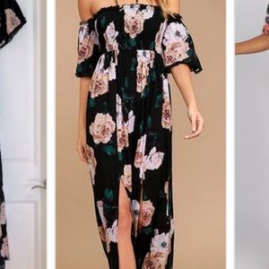 LuLu’s black maxi dress floral off the shoulder
